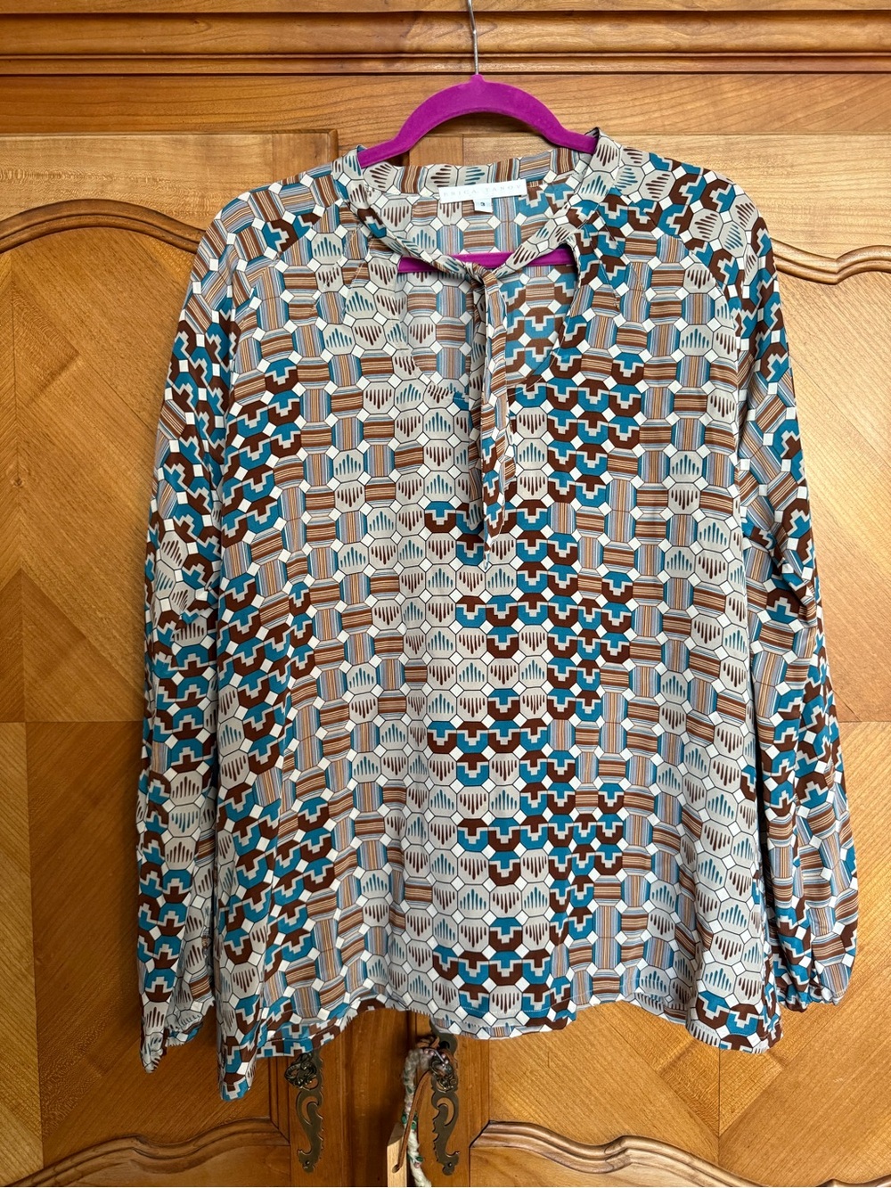 Erica Tanov Geometric Print Long-Sleeve Silk Women’s Top in Teal and Brown